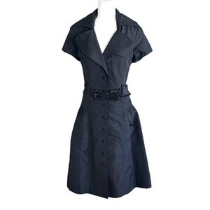 Teri Jon x Rickie Freeman Black Collared Belted A-Line Midi Shirt Dress - 10